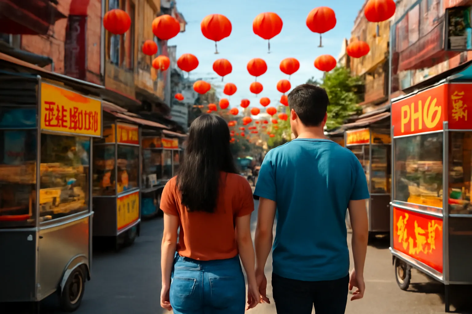 Hai người đi bộ dọc dãy xe đồ ăn chiều tối trên phố người Hoa, đèn lồng đỏ