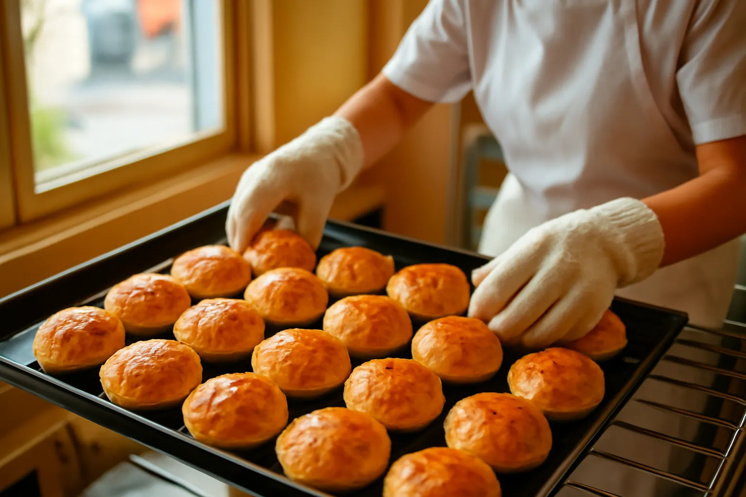 Khay bánh nướng vàng ruộm vừa ra lò, tay đeo găng xếp bánh lên kệ