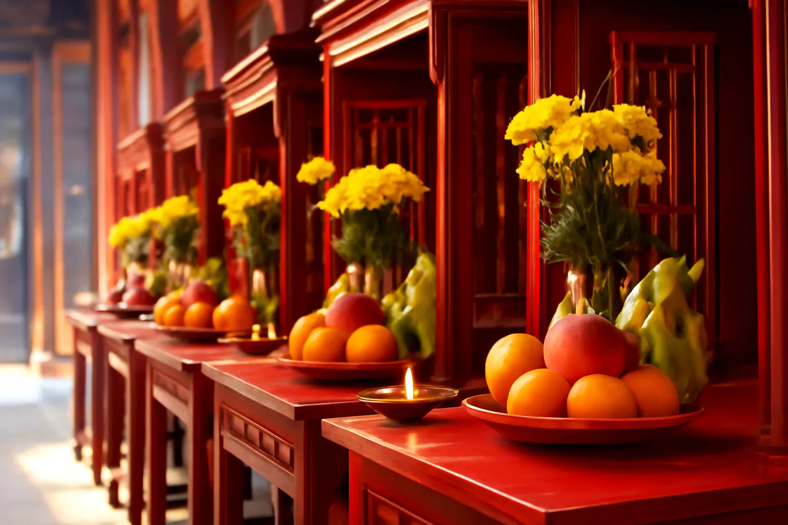 Hàng bàn thờ phụ với đèn dầu, mâm trái cây và hoa cúc vàng