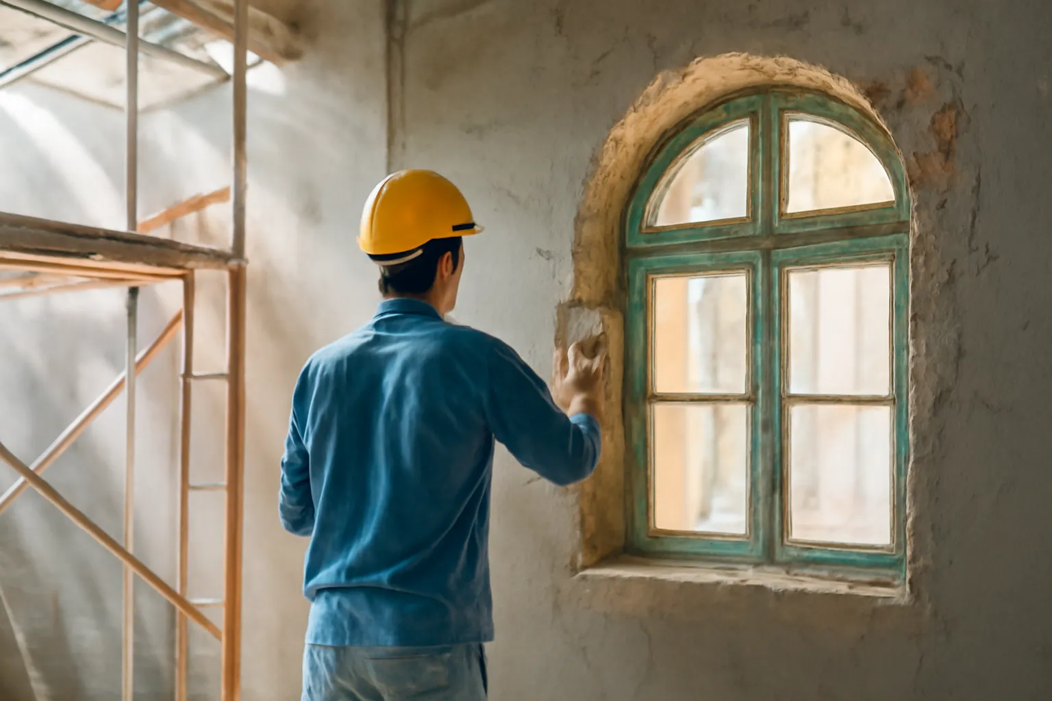 Thợ xây trát tường cạnh khung cửa sổ vòm cũ, có giàn giáo phía trước