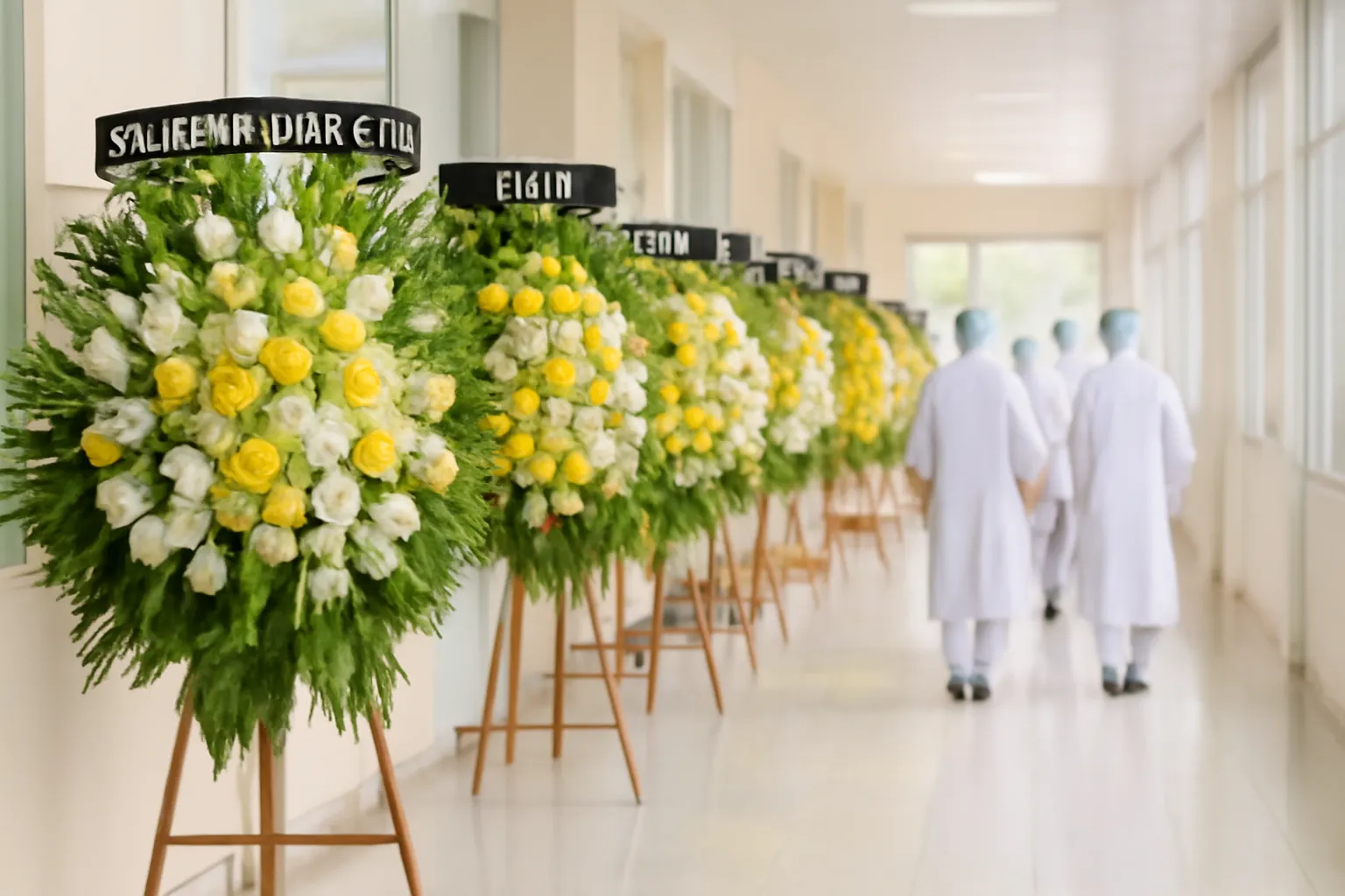 Hàng vòng hoa trắng vàng dọc hành lang nhà tang lễ, người áo trắng đứng xa