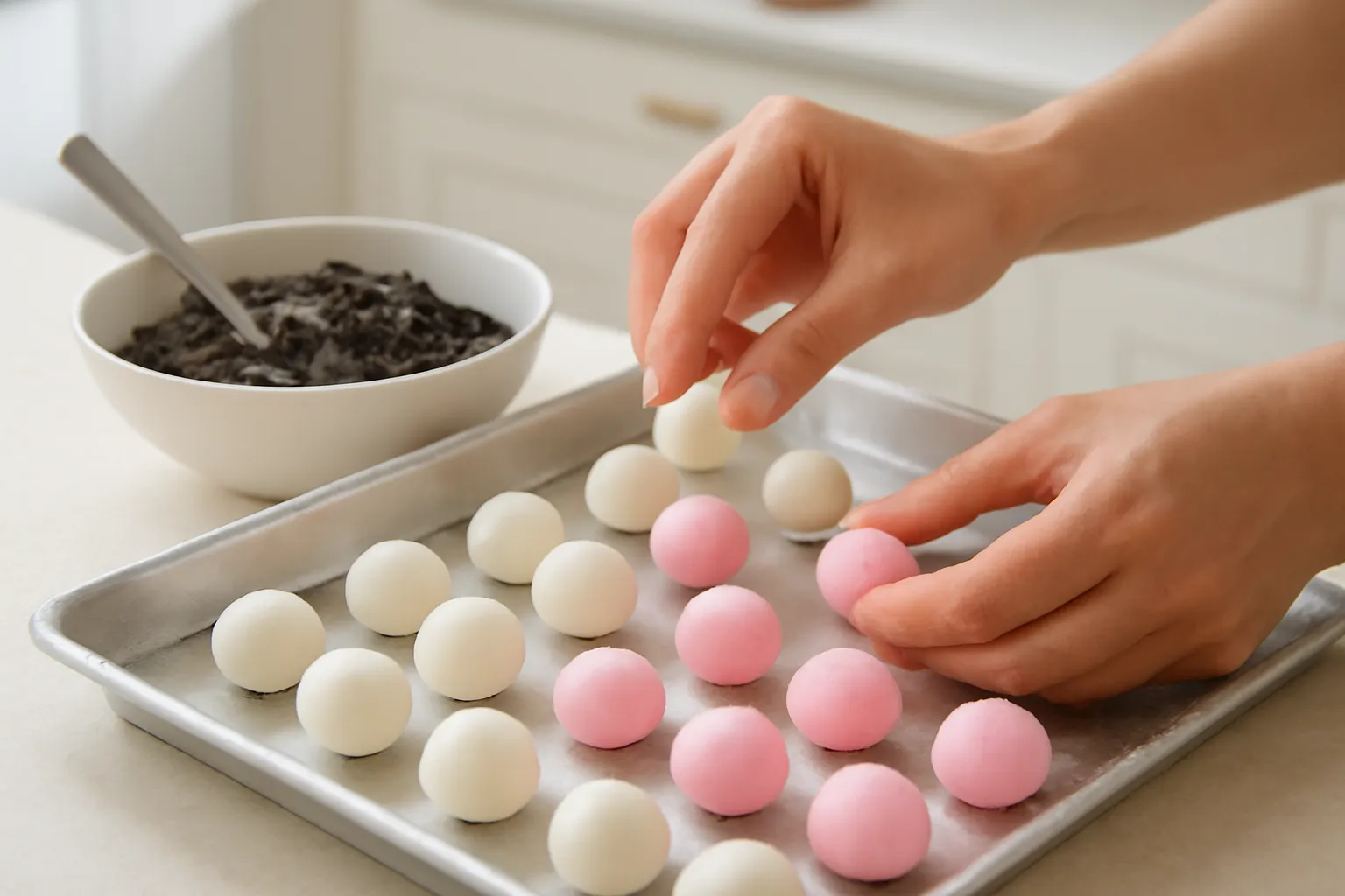 Đôi tay vo viên bột nếp trắng hồng trên mâm nhôm, bát nhân mè đen bên cạnh