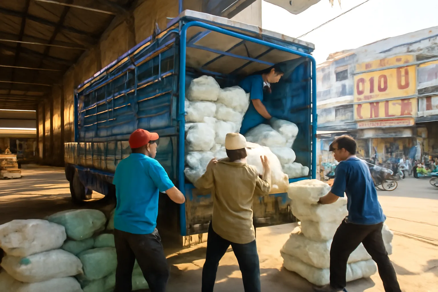 Công nhân bốc các kiện hàng bọc bao tải lên thùng xe tải trong kho