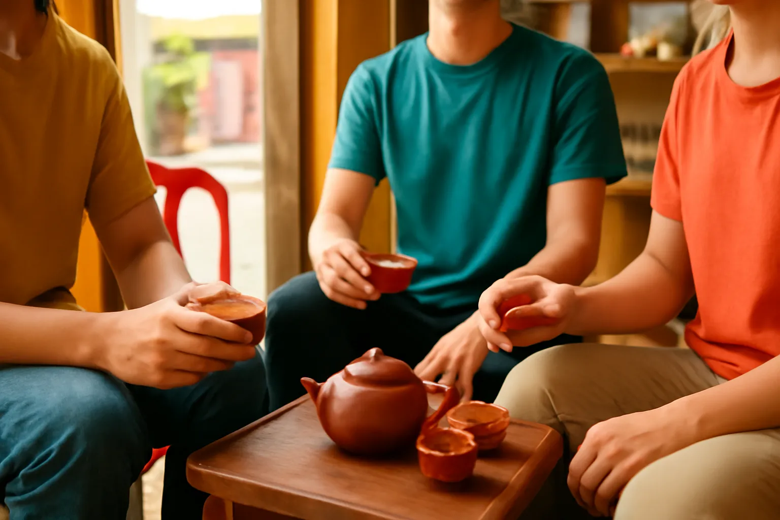 Ba người ngồi quanh bàn trà nhỏ trong tiệm, chỉ thấy tay và chén trà