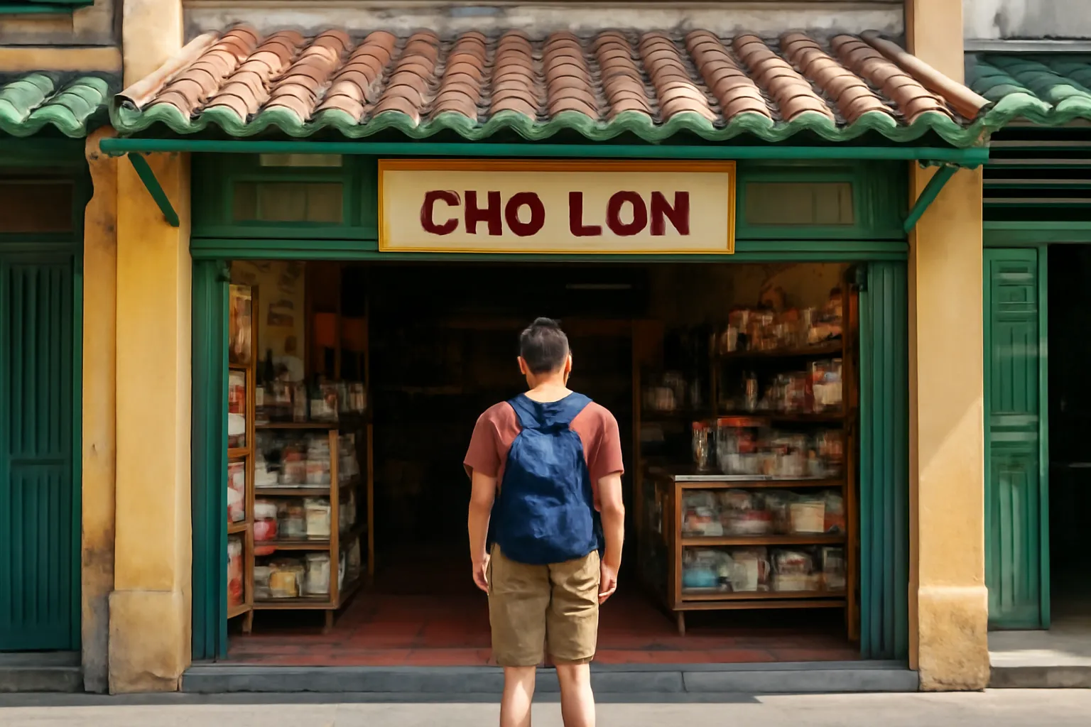 Người khách đeo ba lô đứng trước cửa tiệm phố cũ Chợ Lớn, nhìn từ phía sau