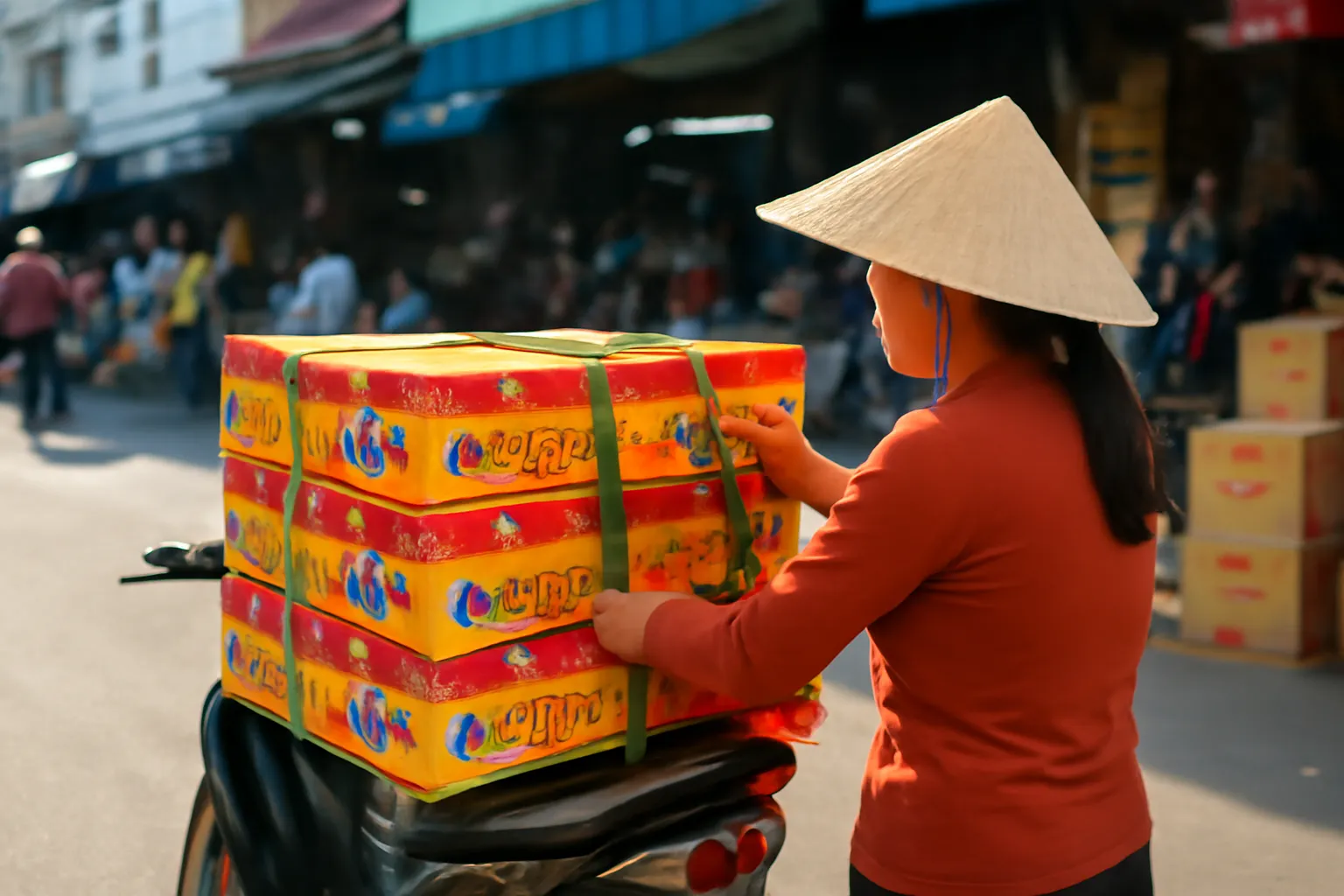 Người phụ nữ chất thùng bánh kẹo lên xe máy cạnh chợ Bình Tây, nhìn từ phía sau