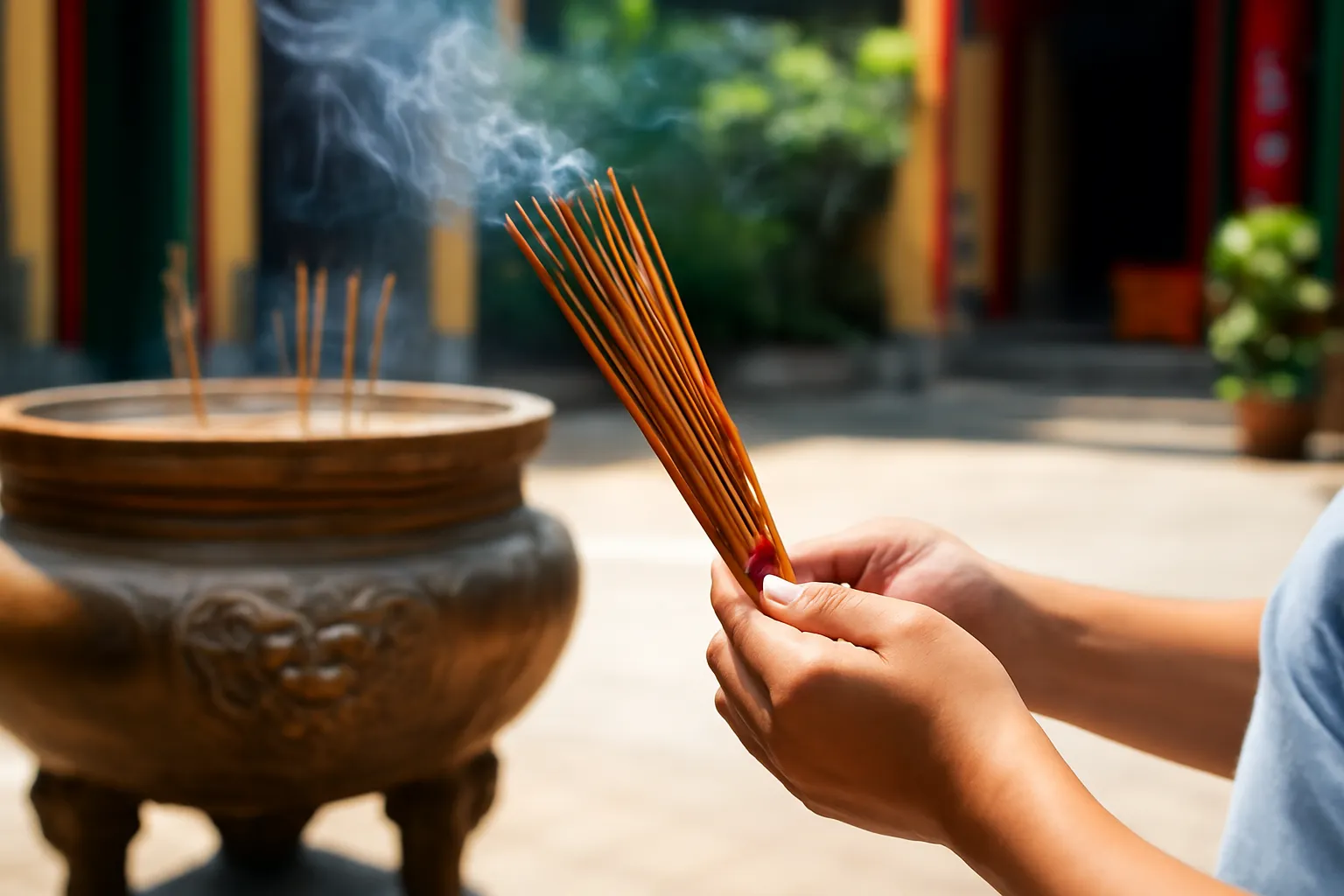 Đôi tay cầm bó nhang trước lư đồng lớn ngoài sân, khói mỏng