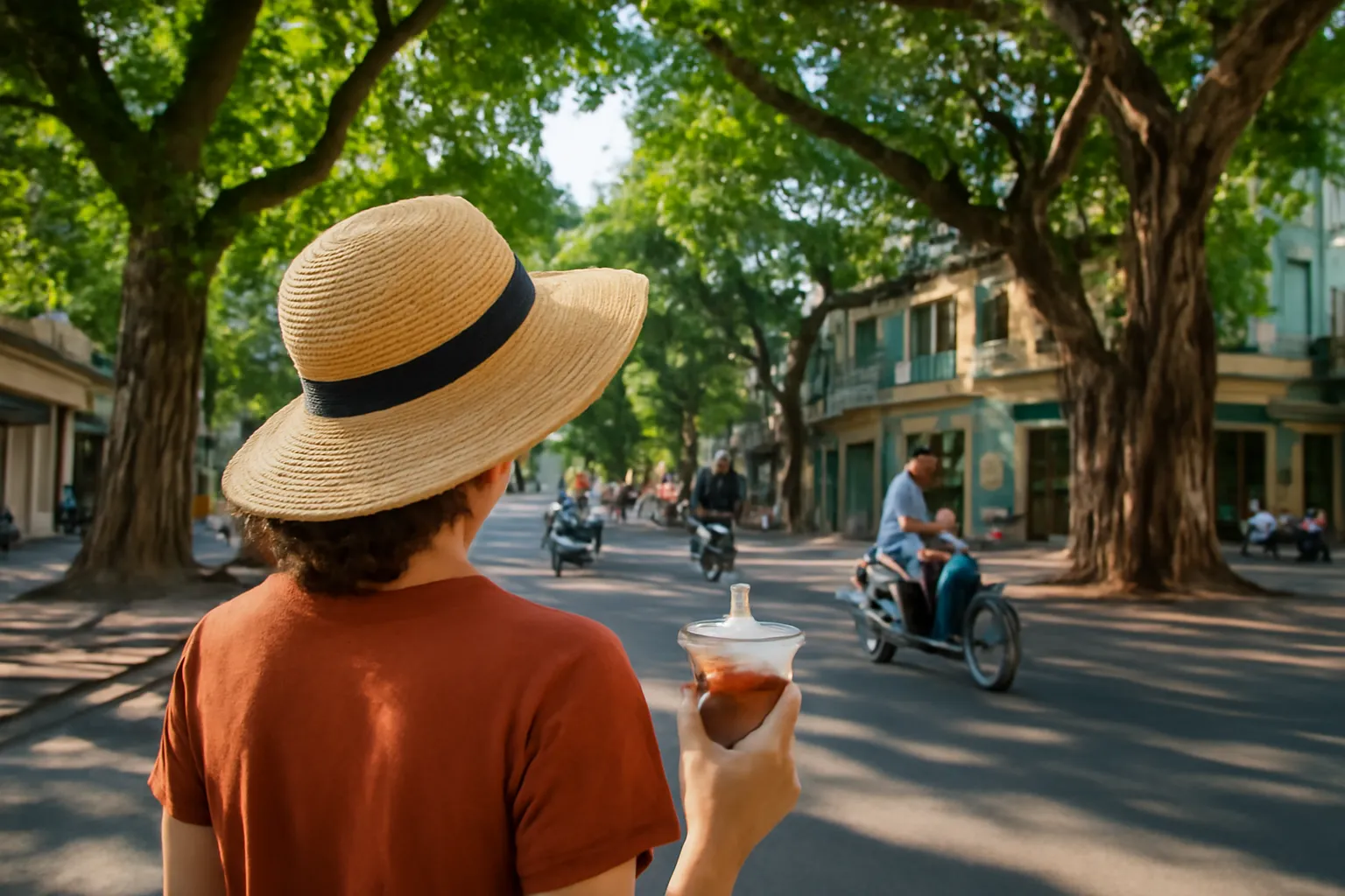 Người đội nón cói cầm ly cà phê đá đứng góc phố cũ Chợ Lớn buổi sáng