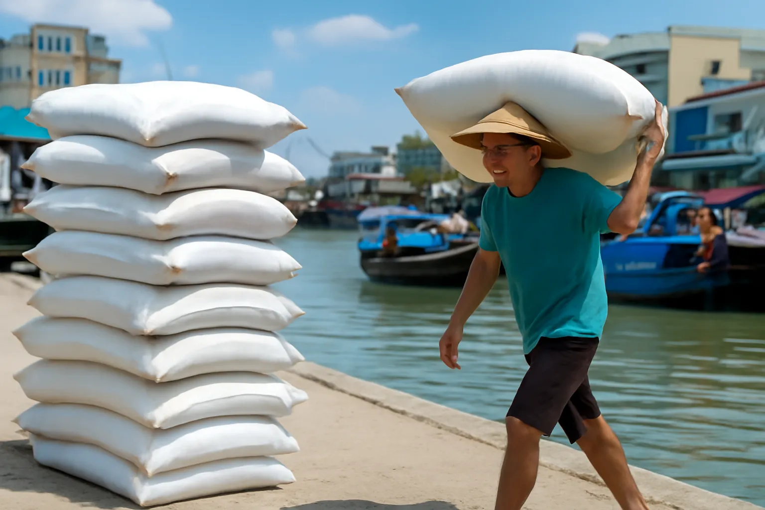 Bao gạo xếp chồng trên vỉa hè, người khuân vác và bến kênh phía sau