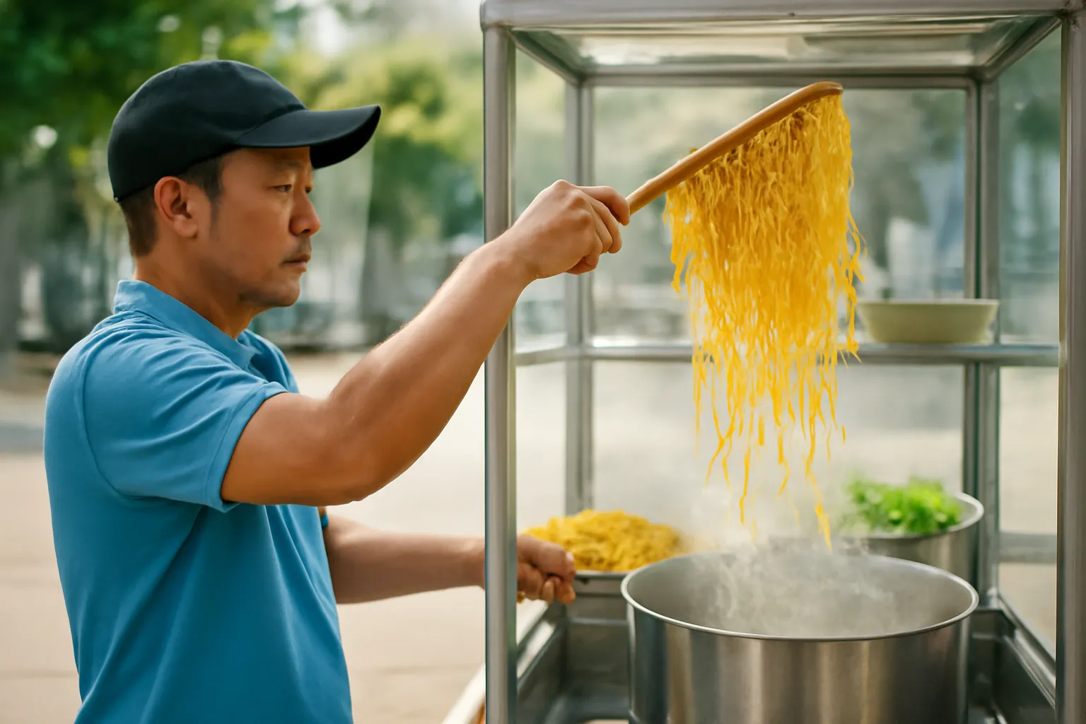 Người nấu mì đứng nghiêng giũ vợt mì vàng trên nồi nước sôi bốc hơi