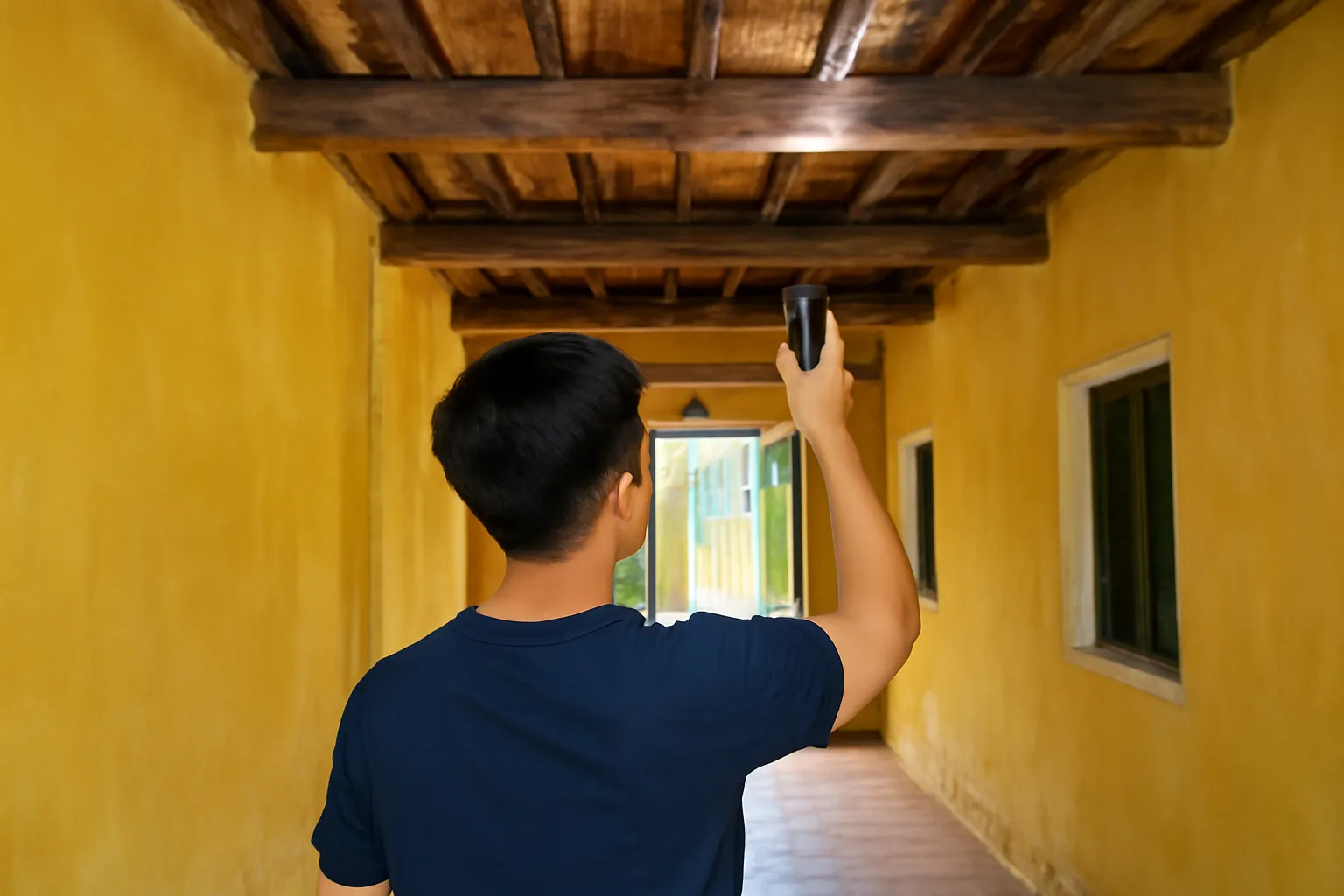 Người cầm đèn pin soi lên trần gỗ trong căn nhà cũ trống, nhìn từ phía sau