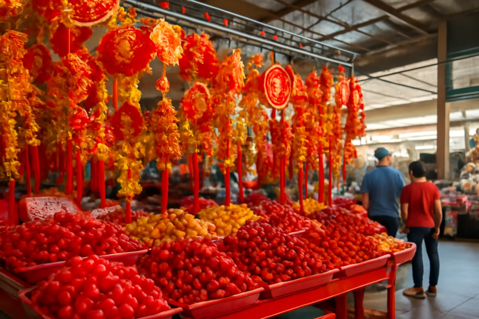 Sạp mứt Tết đỏ vàng ở chợ Bình Tây, khách đứng xa chọn hàng giữa trưa