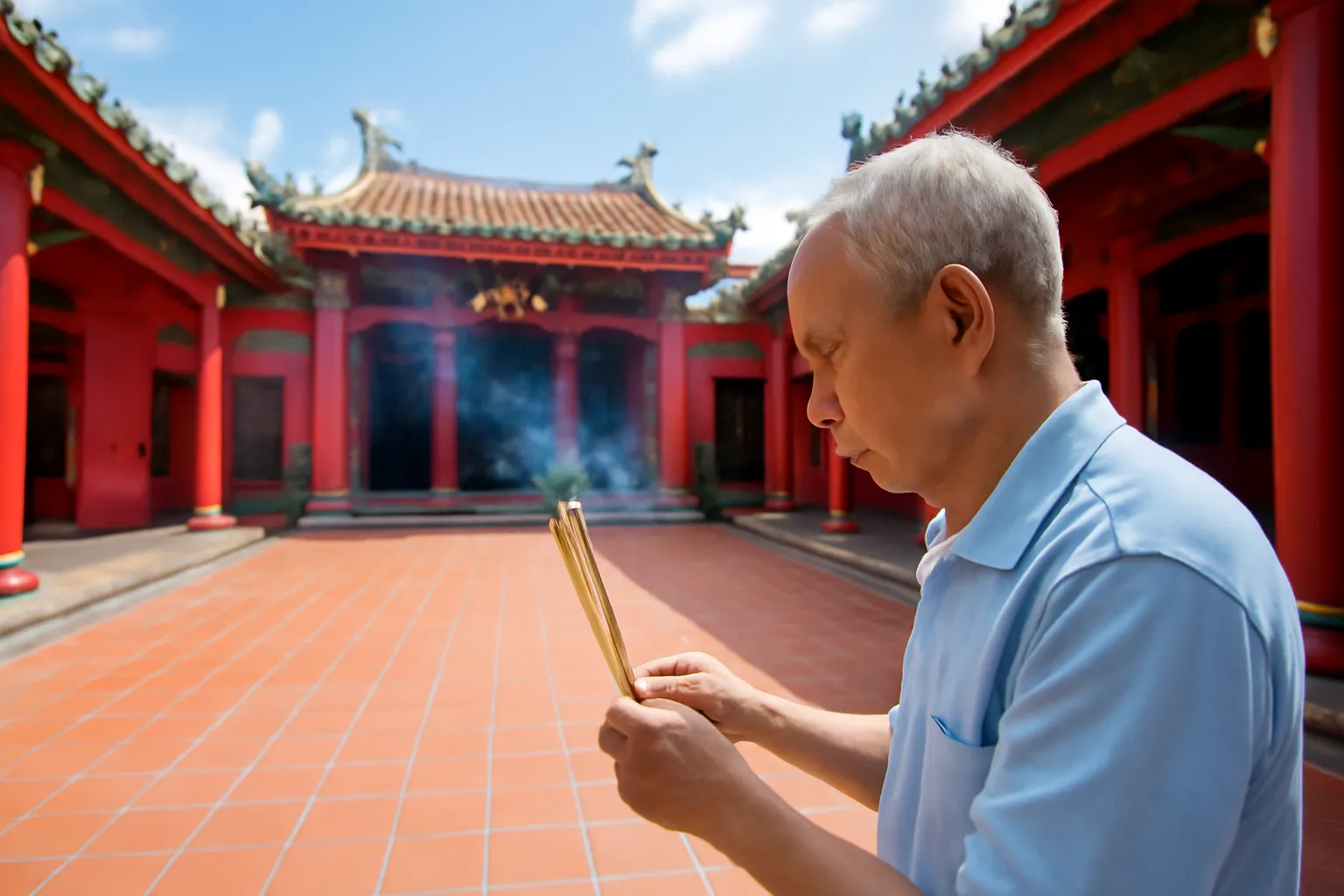Người đàn ông lớn tuổi thắp nhang trong sân hội quán mái ngói đỏ ở Chợ Lớn