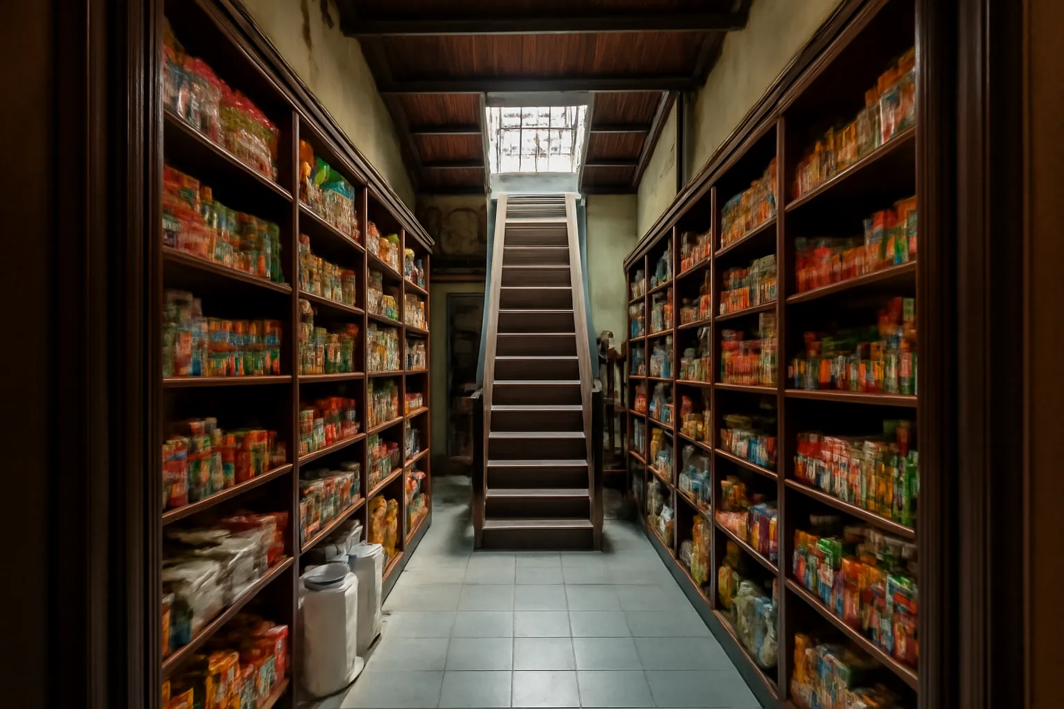 Gian tiệm sâu với kệ gỗ hai bên và cầu thang gỗ dẫn lên gác