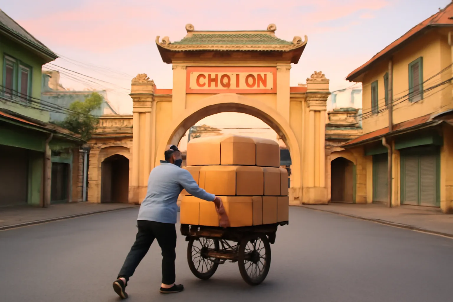 Xe ba gác chở kiện hàng trước cổng chợ Bình Tây lúc trời rạng sáng