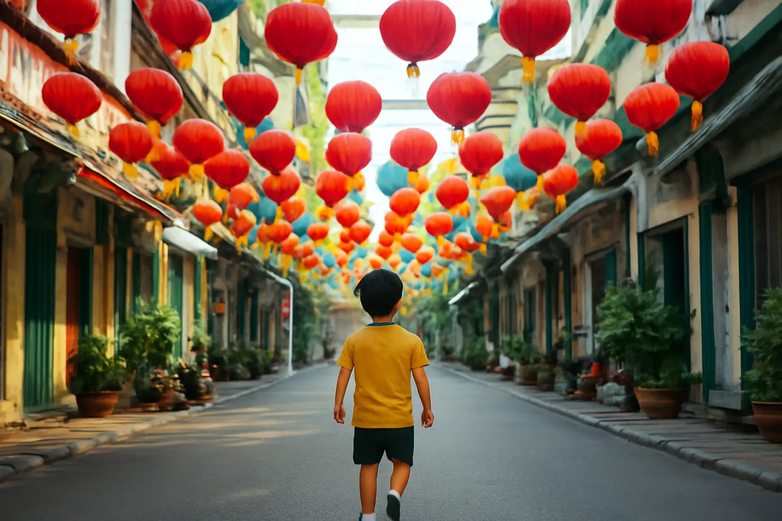 Lồng đèn đỏ treo kín trần phố Lương Nhữ Học, đứa trẻ đi phía trước ngước nhìn