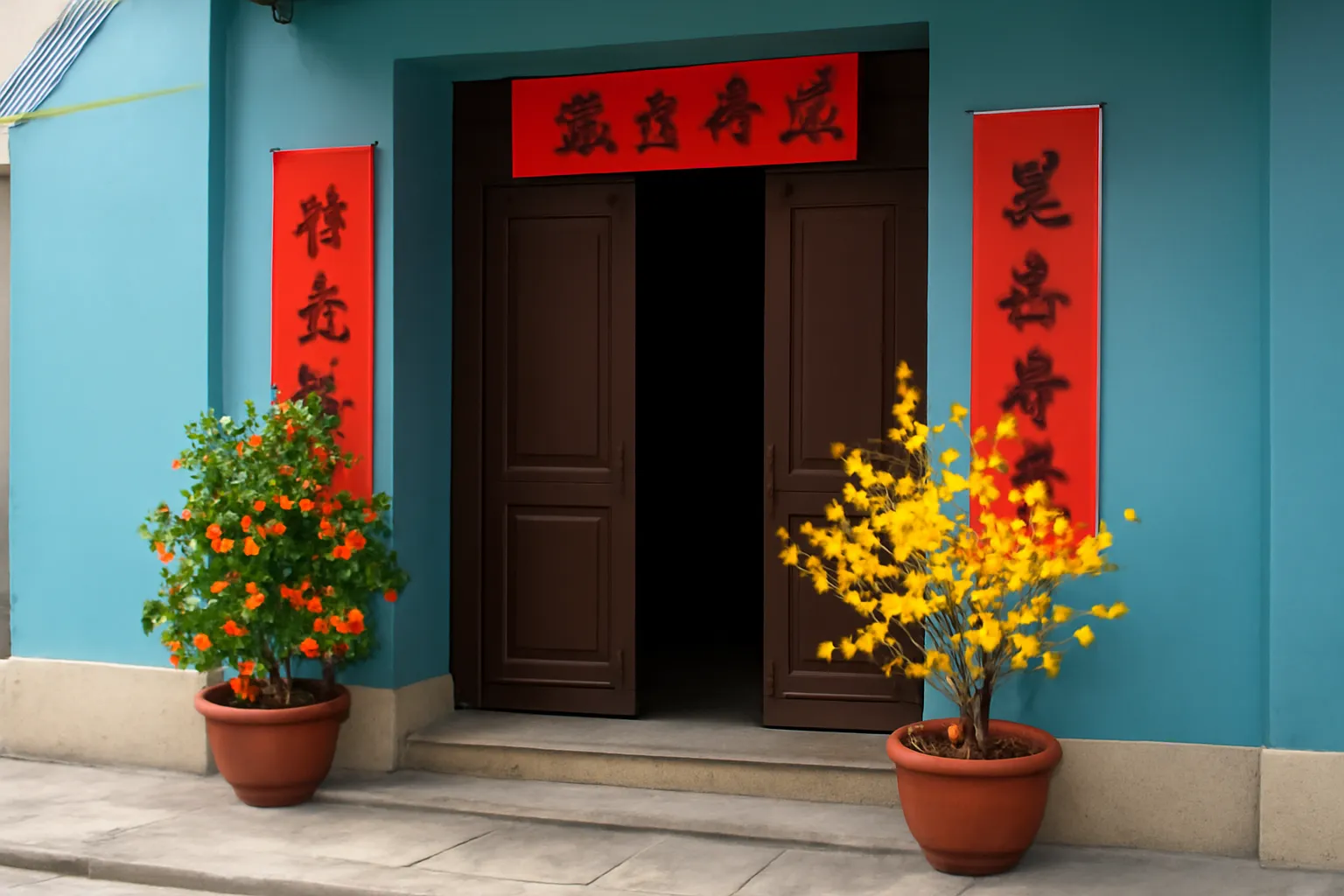 Cửa nhà phố dán câu đối đỏ hai bên, chậu quất vàng và cành mai trước hiên
