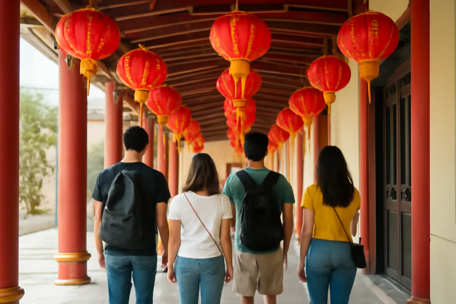 Nhóm khách đi bộ dưới hàng đèn lồng đỏ trong hành lang hội quán