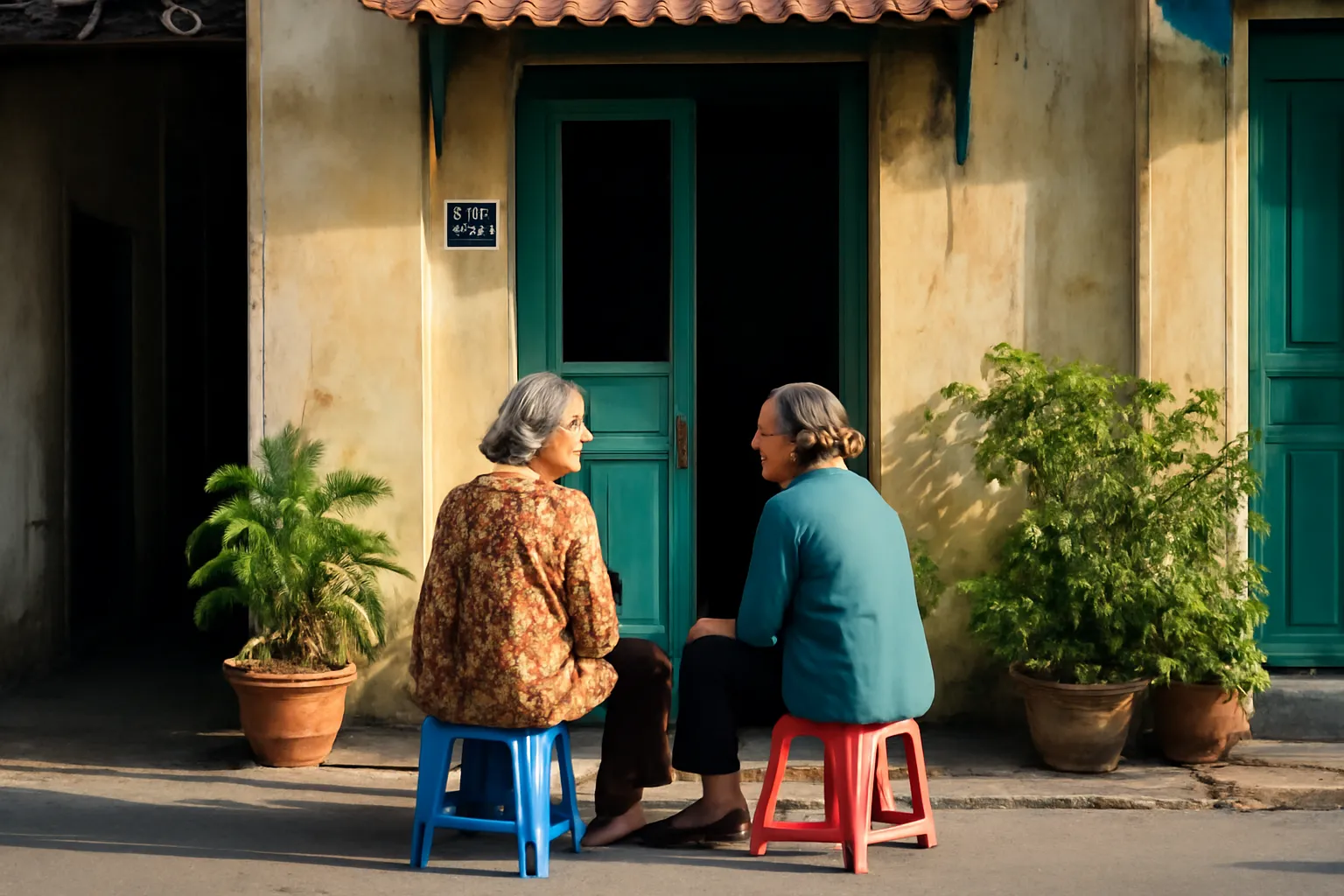 Hai bà cụ ngồi ghế nhựa trò chuyện trước cửa nhà phố cũ ở Chợ Lớn