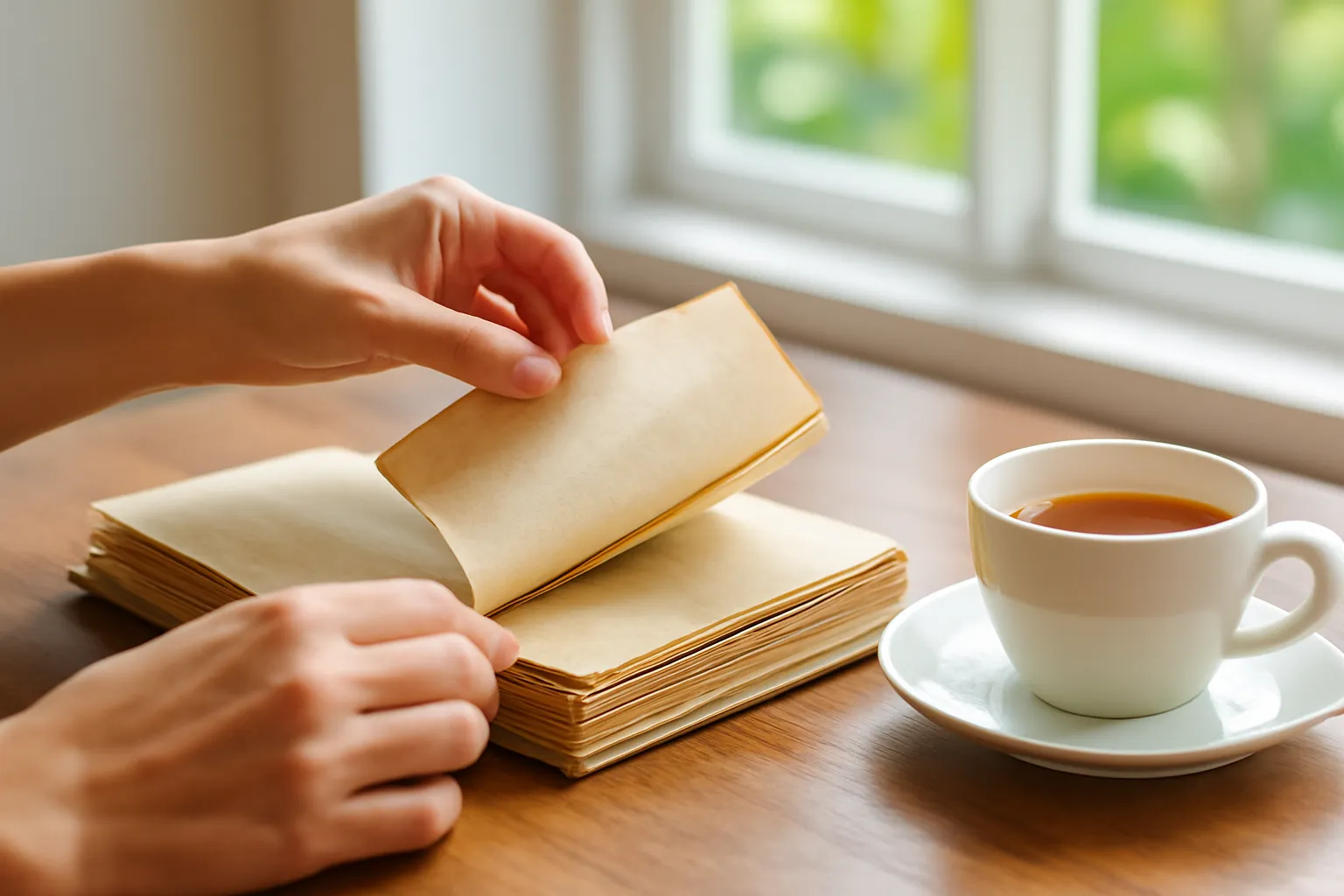 Đôi tay lật cuốn sổ đóng chỉ cũ trên bàn gỗ cạnh tách trà