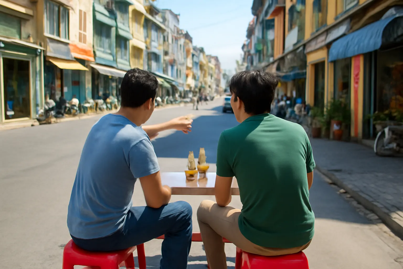 Hai người bạn ngồi ghế đẩu quán nước vỉa hè, một người chỉ tay về phố cũ