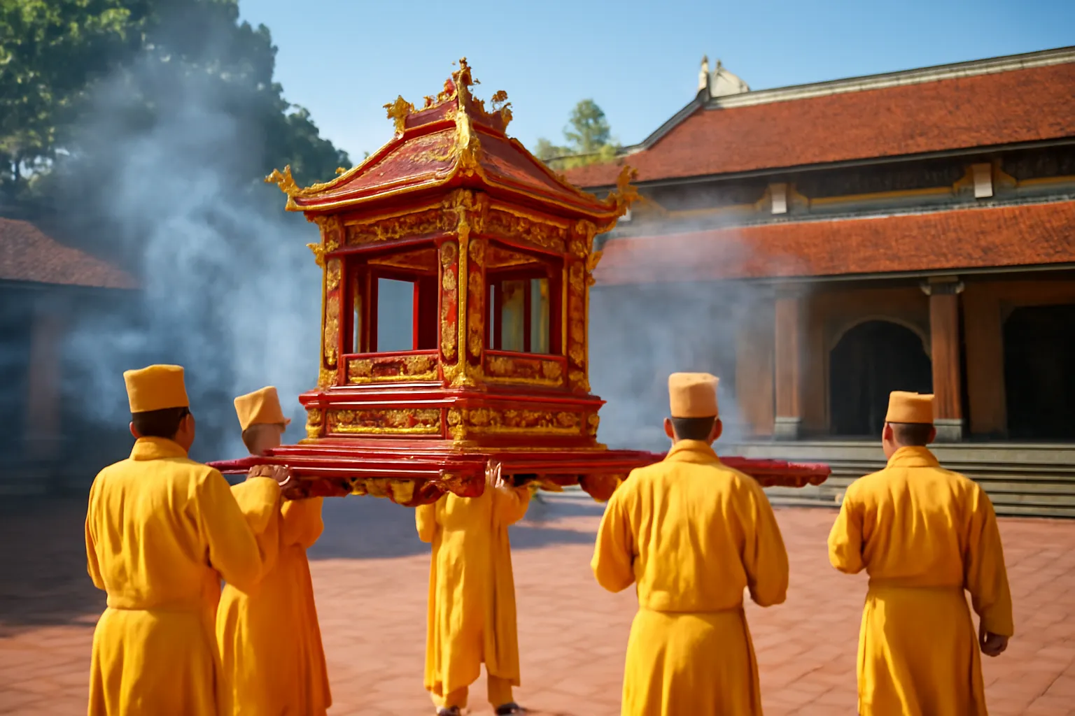 Kiệu gỗ sơn son thếp vàng được khiêng qua sân hội quán, người khiêng áo vàng