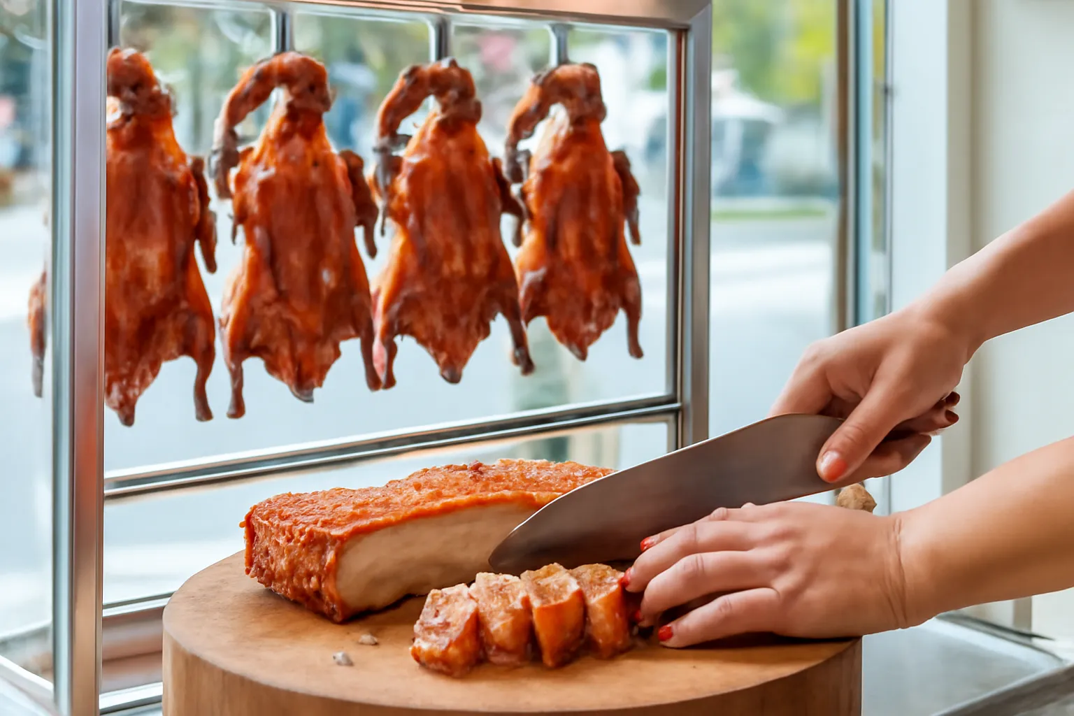 Tủ kính treo vịt quay nâu bóng, tay cầm dao chặt heo quay trên thớt gỗ